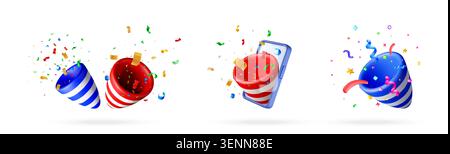 3D party popper icon set with colorful confetti and smartphone. Festive celebration elements for digital announcement and event flyer. Realistic holid Stock Vector