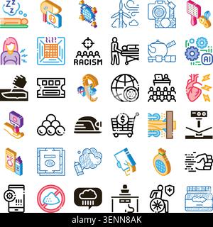 Diverse collection of color illustrations and line art icons representing various concepts including health, environment, social issues, technology, f Stock Vector