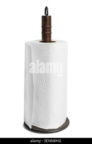 Paper tissue roll on wooden stand isolated on white background Stock Photo