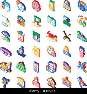 Collection of various isometric 3d icons representing diverse concepts from business, finance, technology, health insurance, transportation, and susta Stock Vector