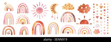 Watercolor boho rainbow set with sun, moon, clouds, hearts and stars. Vector illustration collection of hand painted pastel nursery elements in warm tones for baby decor, cards, posters, and branding. Stock Vector