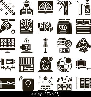 Collection of various glyph icons illustrating common objects, daily activities, professional services, technology, and abstract concepts in a seamles Stock Vector
