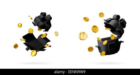 3D Black gift box with floating gold coins. E-commerce icon for online shopping and retail sale concept. Minimalist render of surprise reward or busin Stock Vector