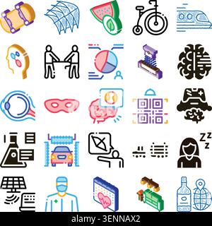 Collection of colorful isometric and contour icons representing a wide range of concepts including brain, eye, technology, health, leisure, and daily Stock Vector