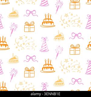 Birthday vector seamless pattern with cakes, gifts Stock Vector