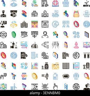 Large collection of diverse isometric and outline icons illustrating abstract concepts for business, technology, health, environment, and communicatio Stock Vector
