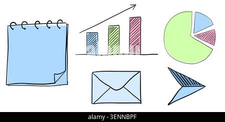 Hand drawn infographic and office elements stickers set with charts envelope notebook arrow and data icons doodle sketch vector illustration Stock Vector