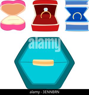 Different open and closed boxes holding valuable rings, including an engagement ring with a diamond and a wedding band, illustrating concepts of marri Stock Vector