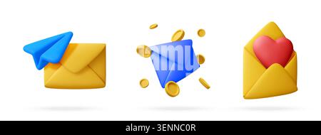3d envelope set with paper plane, flying gold coins and red heart. Mail icons for communication, finance, notification and love message or greeting ca Stock Vector