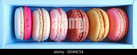 Top view shot of beautiful colored Macaron pastries assortment in light blue box Stock Photo