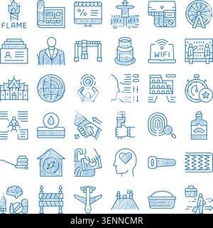 Set of numerous blue line style hand drawn doodle sketch icons representing diverse concepts including business, technology, travel, security, and inf Stock Vector