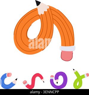 Colorful pencils creatively bending into dynamic abstract shapes, illustrating concepts of creativity, flexibility, education, and artistic expression Stock Vector