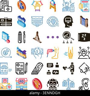 Diverse collection of pictograms showing different concepts like documentation, finance, communication, health, technology, travel, and logistics agai Stock Vector