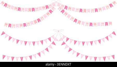 Pink pennant garland collection with watercolor bunting flags hearts and triangles hanging on rope festive decoration kit for baby birthday party Stock Vector