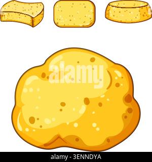 Sponges offering diverse forms for cleaning and absorption tasks, including a natural organic shape and various manufactured geometric designs, are id Stock Vector