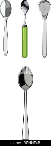 Assortment of kitchen spoons and metal cutlery utensils for eating, dining, and cooking on a clean background, illustrating different shapes and desig Stock Vector