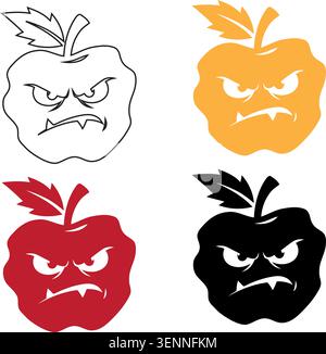 Angry evil apple character set line art vector illustration Stock Vector