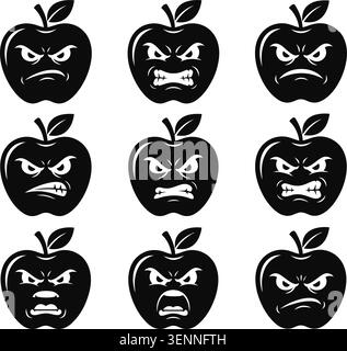 Fierce evil apple emoticons set silhouette vector illustration Stock Vector