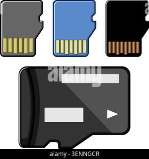 Digital data storage memory cards and adapters providing reliable solutions for technological devices like phones, cameras, or computers, ensuring eff Stock Vector