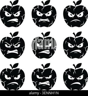 Cracked angry apple avatars set silhouette vector illustration Stock Vector