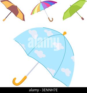 Assorted open umbrellas with various patterns and colors, including a blue one with cloud designs, providing shelter and cheerfulness during adverse w Stock Vector