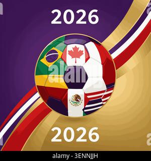 Flags of Canada, USA and Mexico on a soccer ball isolated on golden purple background, football world cup 2026 host countries Ideal for poster, banner Stock Vector