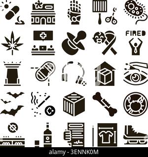 Glyph icons illustrating a wide range of themes including medicine, healthcare, disease, technology, leisure, lifestyle, objects, and abstract ideas a Stock Vector