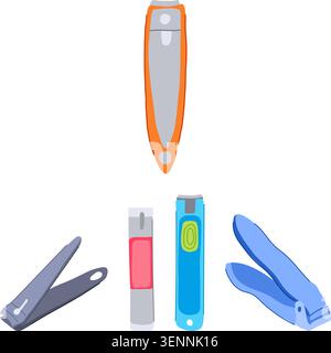 Various grooming implements including modern nail clippers and a nail file arranged on a clean white background, representing personal care and hygien Stock Vector