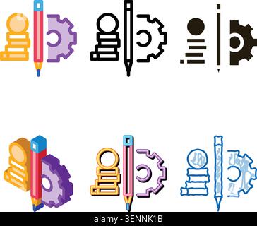 coin heap pen and mechanical gear icon vector. coin heap pen and styleset mechanical gear sign. color symbol Stock Vector