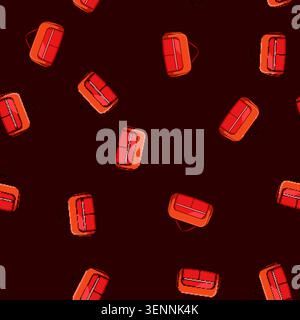seamless pattern Red carry on bag with top handle and front compartments, representing various travel, sports, and packing themes for a journey, vacat Stock Vector