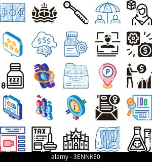 Variety of hand drawn doodle style icons depicting diverse concepts including finance, data, medicine, travel, law, and digital technology on a clean Stock Vector