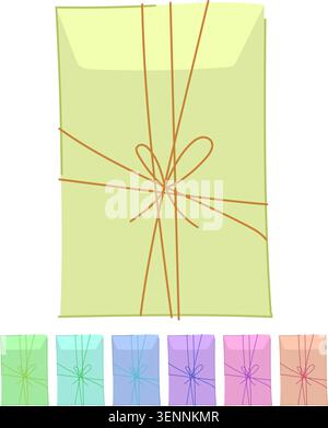 Closed envelope shaped package bundle tied with a detailed red bow string, representing concepts of delivery, shipping, gift, secret, and secure messa Stock Vector
