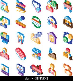 Isometric icon set illustrating integrated service system, finance, healthcare, food delivery, smart city tech, insurance and logistics for modern bus Stock Vector