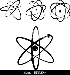 Multiple stylized atomic models with orbiting electrons illustrate fundamental scientific concepts in physics and chemistry, symbolizing research, inn Stock Vector