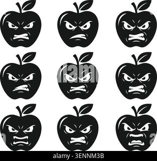 Angry apple emoji icons set silhouette vector illustration Stock Vector