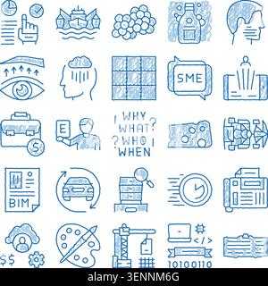 Collection of hand drawn doodle icons illustrating various concepts related to business planning, strategy development, project management, and data a Stock Vector