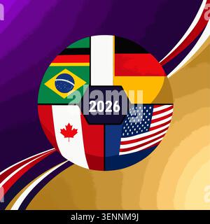 World football championship concept. Soccer ball with different flags Vibrant 2026 international soccer tournament graphic with globe soccer ball Stock Vector