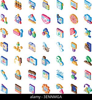 Diverse collection of colorful isometric icons representing a wide range of everyday items, abstract concepts, healthcare, technology, and social inte Stock Vector