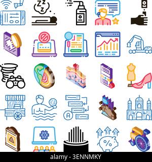 Assorted isometric thin line icon set depicting medicine, engineering, finance, nature, education and artificial intelligence themes for technology, b Stock Vector