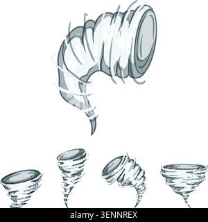Set of stylized gray tornadoes and rotating wind funnel elements illustrating natural weather phenomena, power, and destructive forces with a dynamic Stock Vector