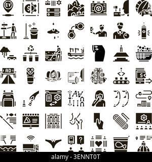Collection of minimal black glyph icons representing various business, technology, social, and everyday lifestyle concepts for web design, mobile apps Stock Vector