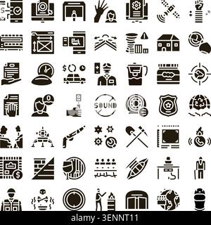 Diverse set of solid black glyph icons depicting various business concepts, digital technologies, science, environmental themes, and essential service Stock Vector