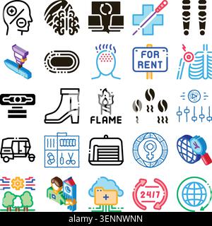 Set of minimalist linear and color icons visually illustrating a wide range of subjects including technology, health, data, business, and daily life i Stock Vector