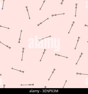 seamless pattern Stylized arrow graphic featuring a gray arrowhead, a black shaft adorned with orange beads, and two delicate heart shaped feathers, s Stock Vector
