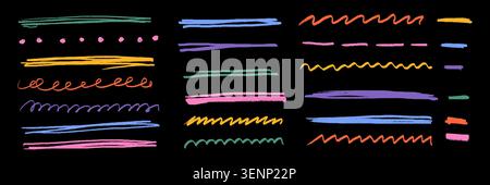 Abstract vector set of bright colorful lines and wavy strokes on black background. Hand drawn marker scribbles, neon brush strokes, playful highlighter underlines for design Stock Vector