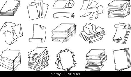 Doodle paper stacks. Clean papers, isolated hand drawn sheets in piles, flying. Management documents, office work, study elements, neoteric vector set Stock Vector