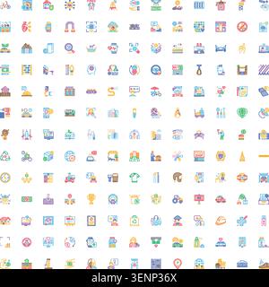 Set of diverse linear icons presenting technology, healthcare, education, finance, and everyday life concepts for digital interfaces, web design, and Stock Vector