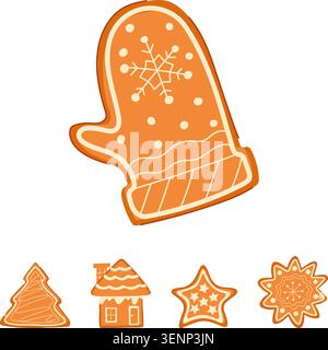 Collection of homemade gingerbread cookies in festive shapes, including a mitten with a snowflake, a christmas tree, a house, a star, and a decorative Stock Vector