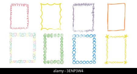 Collection of colorful crayon frame borders. Childlike square and rectangle boxes with rough scribble lines for school posters, birthday cards, cute Stock Vector