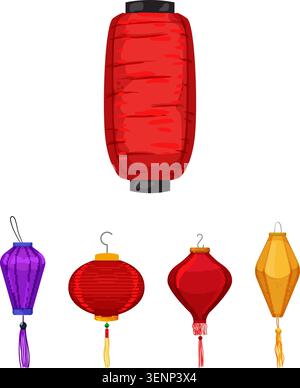 Colorful collection of traditional asian celebration lanterns in red, gold, purple and yellow, hanging and illuminated to provide ambient festive deco Stock Vector